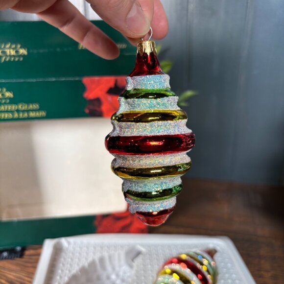 Vintage Glass Christmas Ornaments Red Gold Balls and Striped Pine Cones - Picture 10 of 12